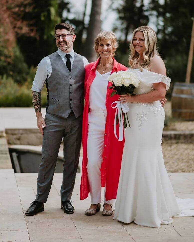 Celebrant with happy couple at south of France wedding in Ners